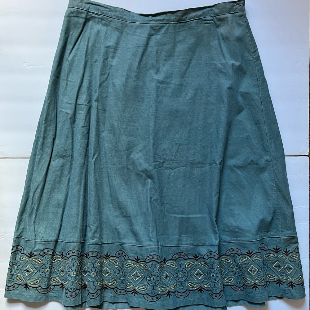 Chic Teal Embroidered Corduroy A-Line Skirt